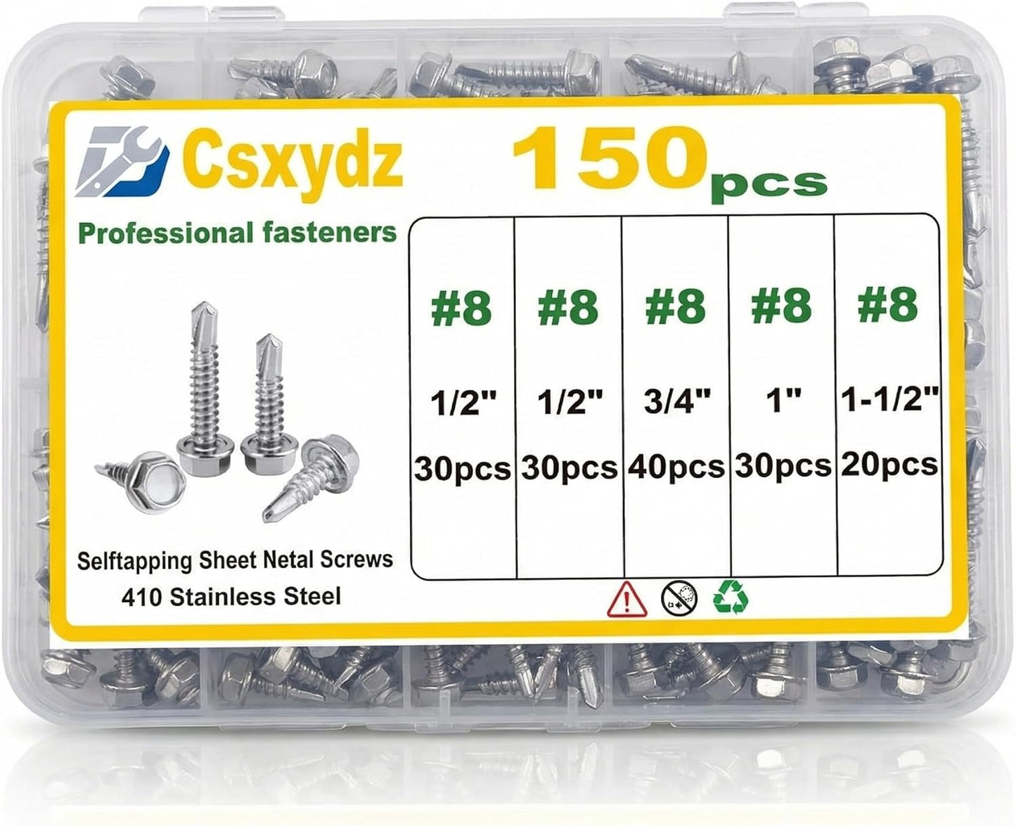 Set 150 autorroscantes acero inox 410 para metal madera plástico
