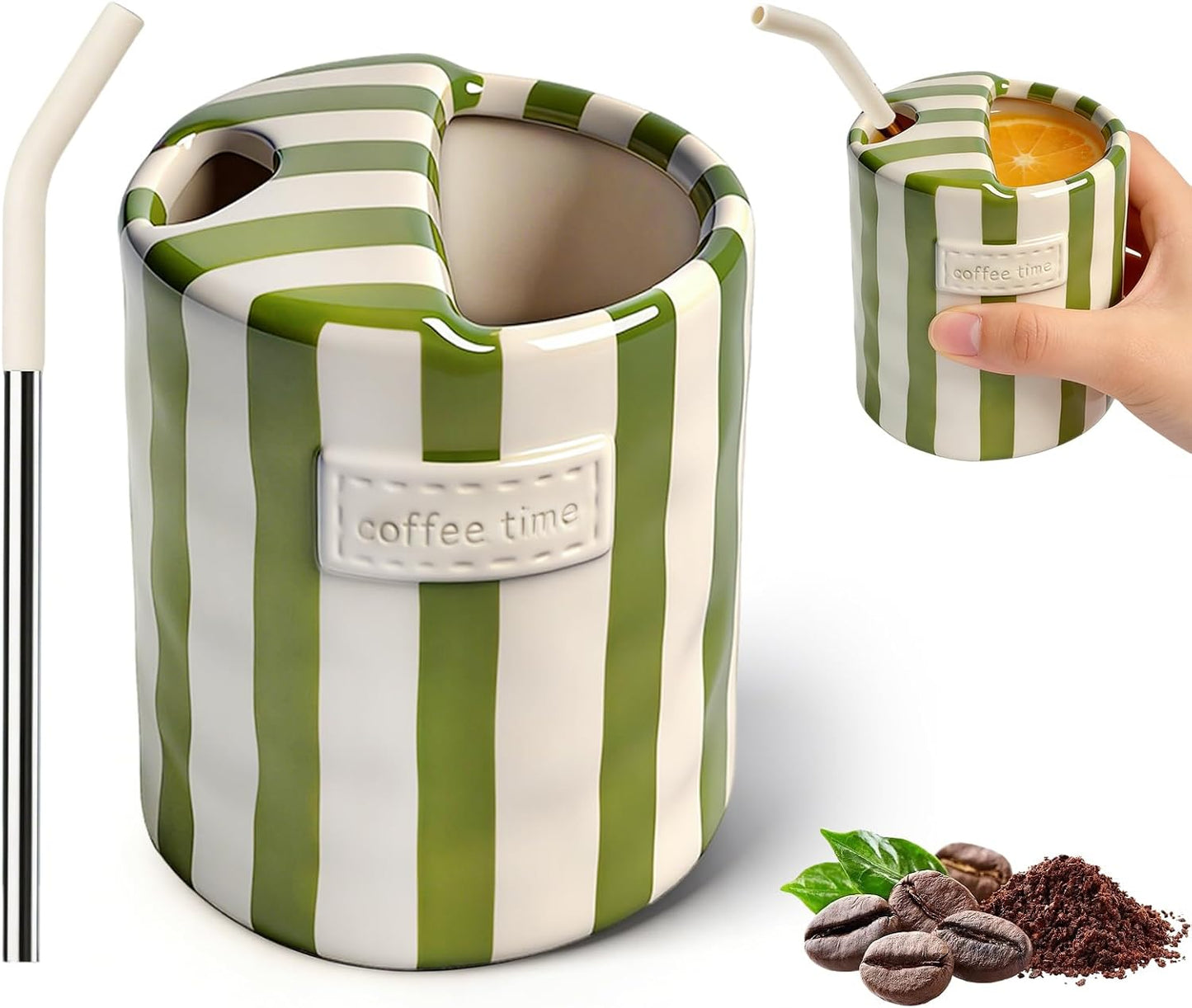 Taza de café de cerámica retro a rayas con orificio para sorber verde