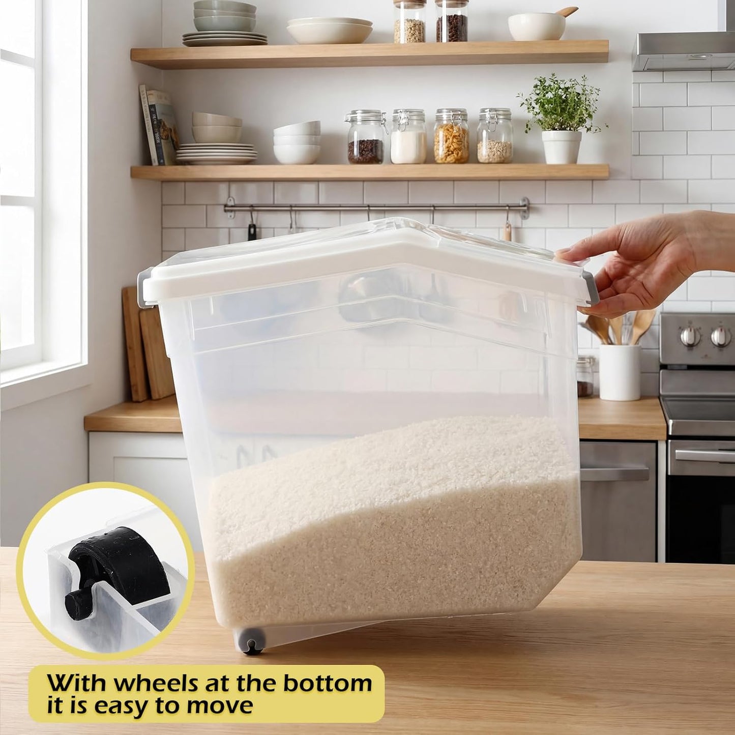 Contenedor transparente para almacenar arroz con ruedas