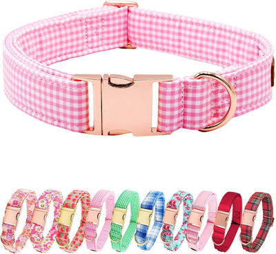Collar perro cuadros rosados algodón hebilla oro rosa talla M