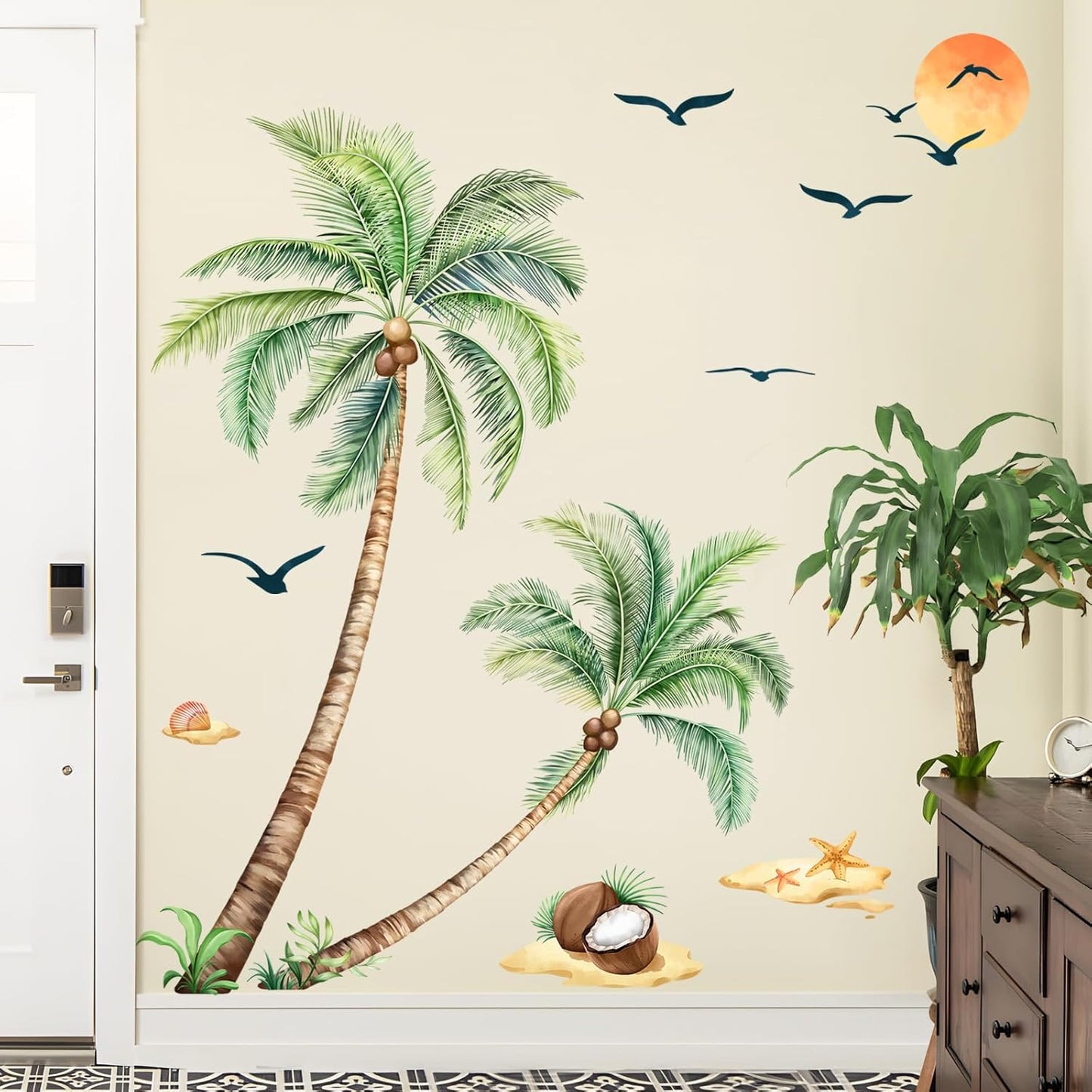 Adhesivo hojas palma verde decoración pared living dormitorio
