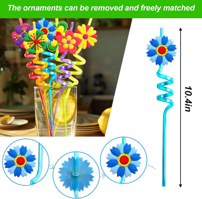 Pajitas de flores de plástico reutilizables para fiestas y cumpleaños, 24 unidades
