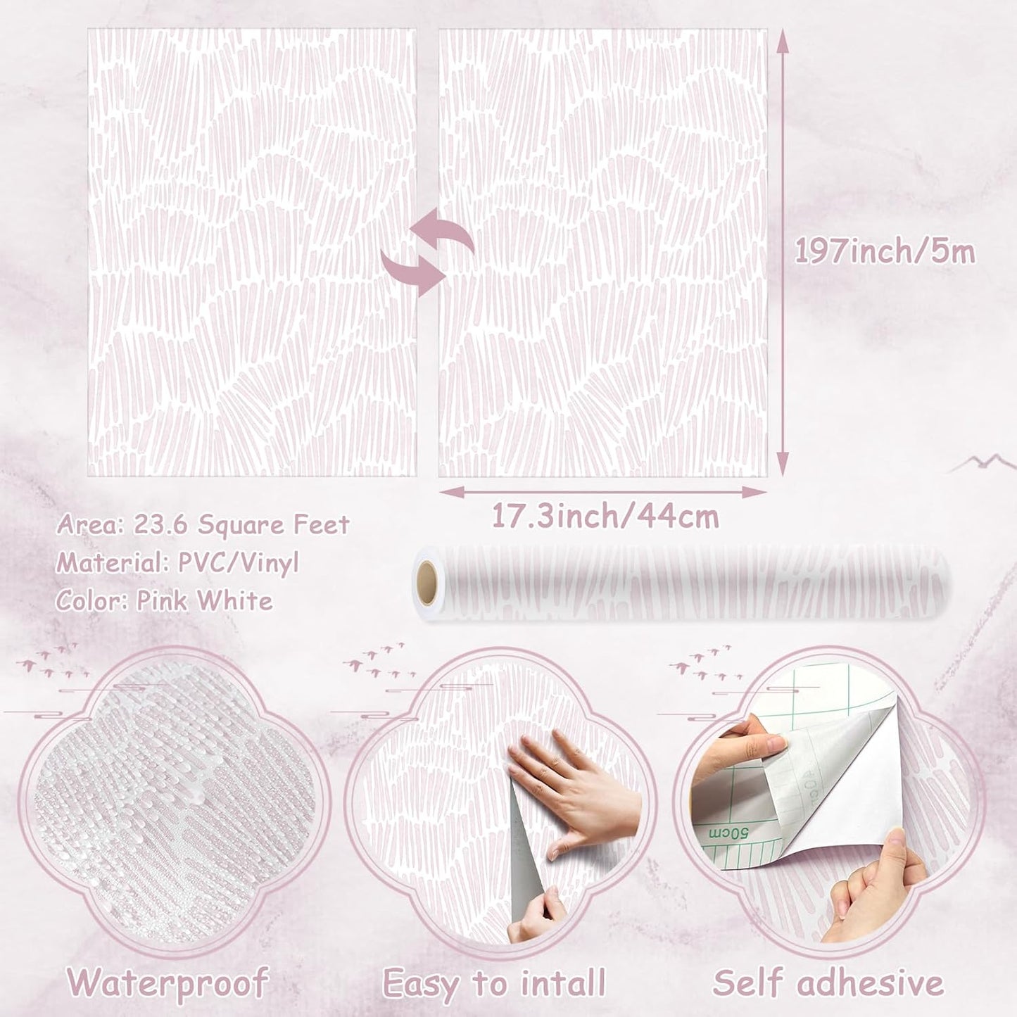Papel tapiz rayas rosadas bohemio 17.3x197pulg autoadhesivo