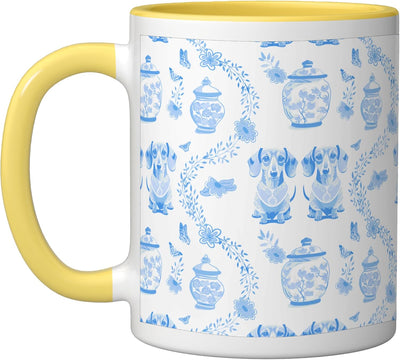 Taza cerámica perro dachshund Preppy azul claro amarillo/blanco
