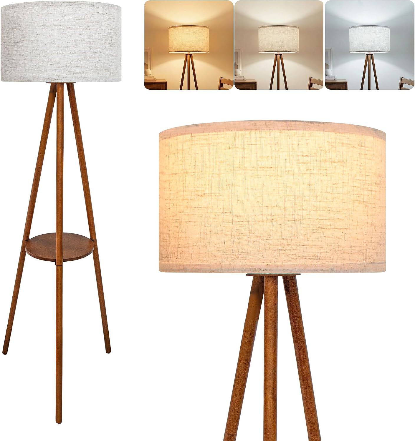 Lámpara pie moderna pantalla tambor blanca madera metal ajustable