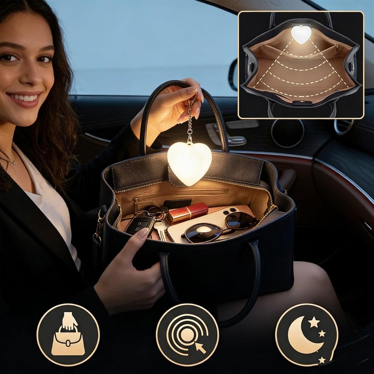 Luz corazón para bolso con sensor táctil recargable mujer