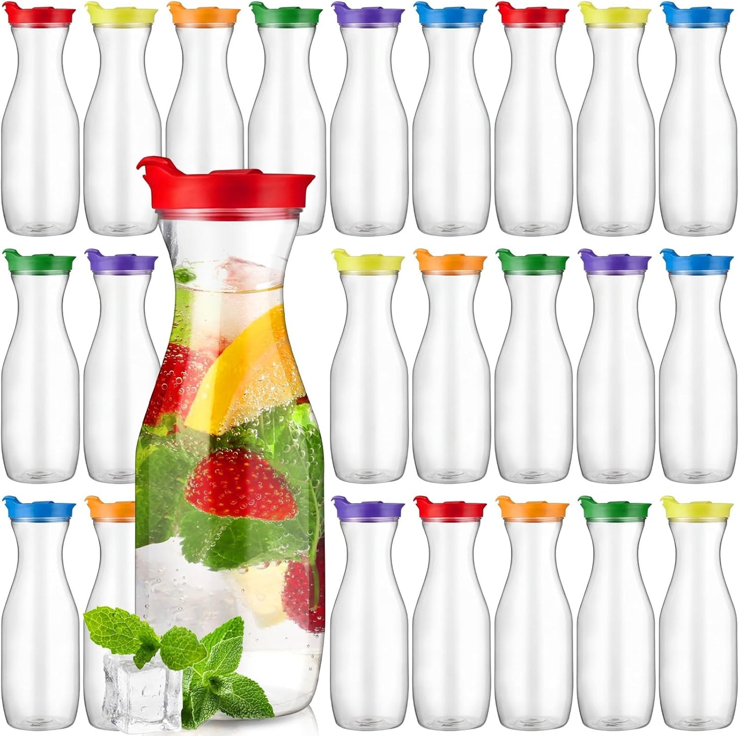 Jarra plástico transparente 32oz con tapas arcoíris set 24