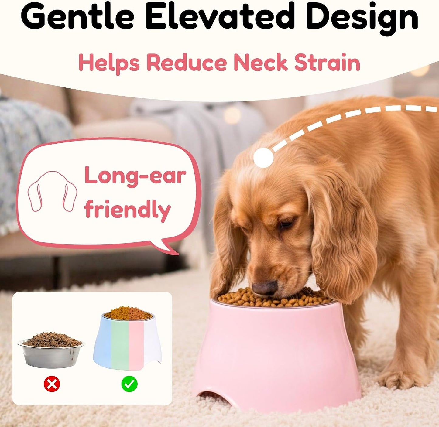 Tazón elevado perros orejas largas melamina acero inox rosa