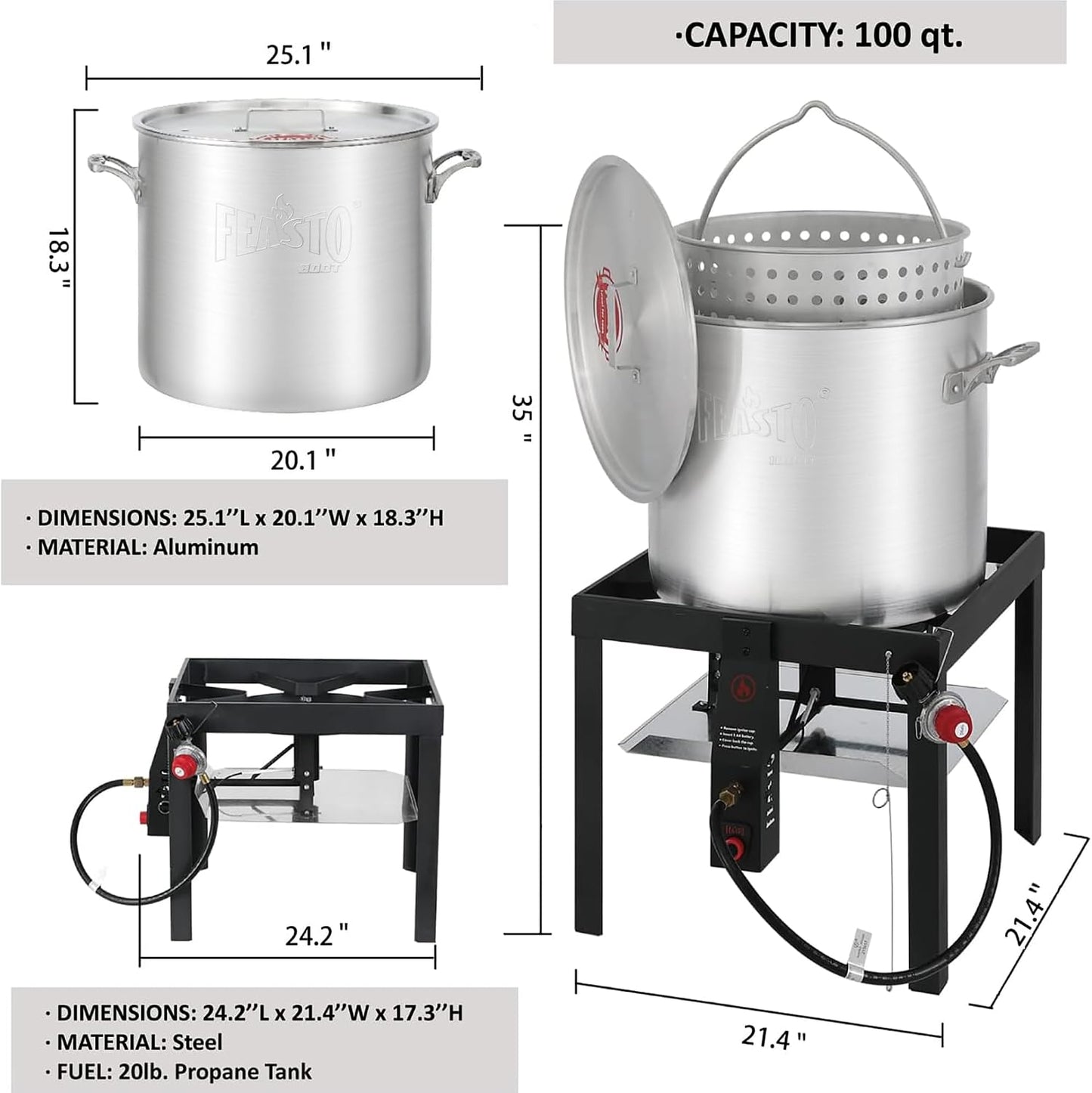Olla hervir mariscos 100qt aluminio con canasta y quemador
