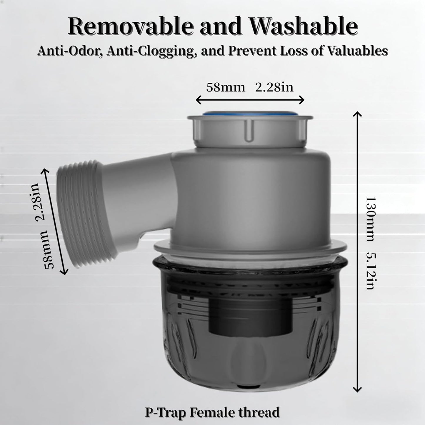 Trampa P 2pulg transparente extraíble para drenaje cocina baño