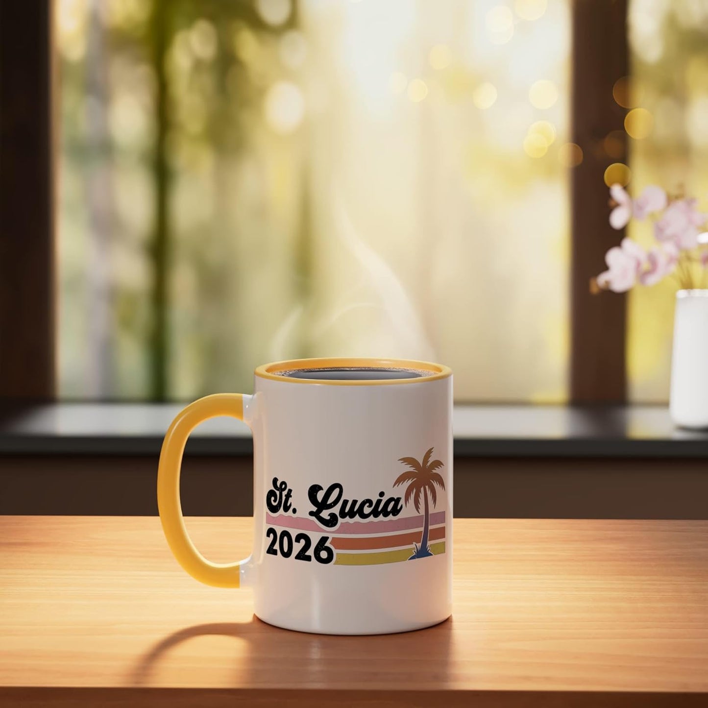 Taza de cerámica St Lucia 2026 color amarillo y blanco