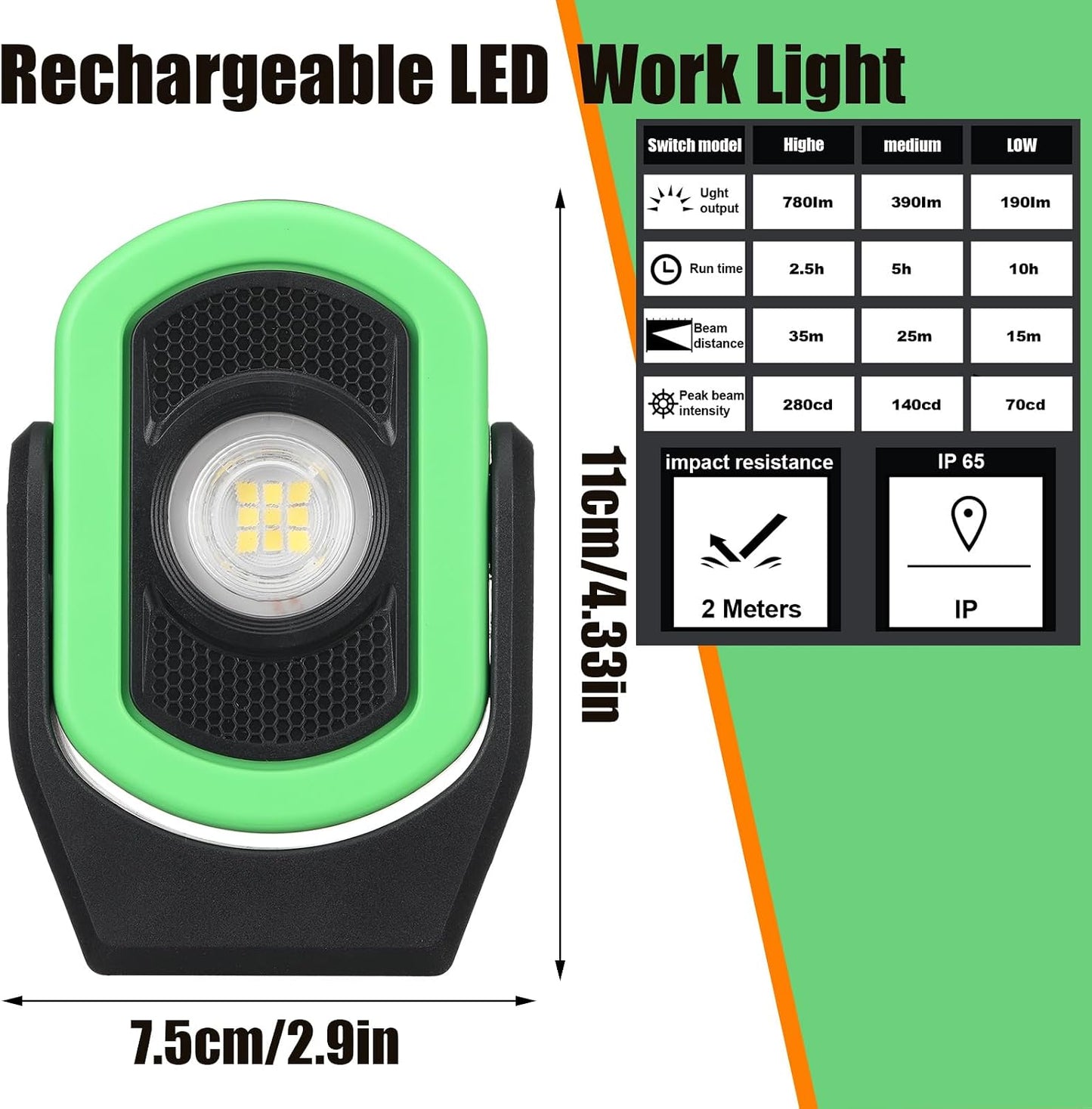 2 Luces magnéticas 780lm LED recargable USB para taller mecánico