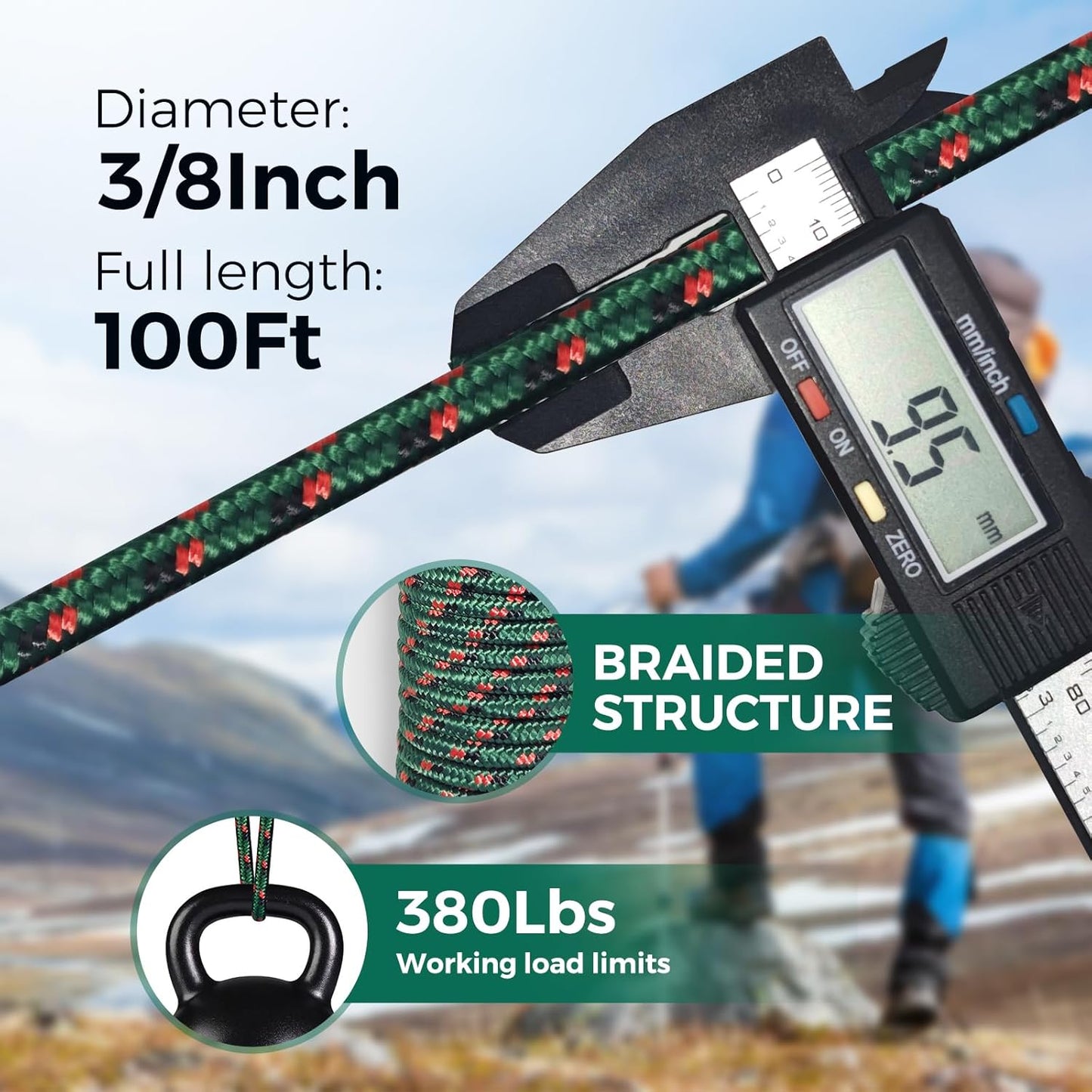 Cuerda trenzada diamante 3/8pulg 100pies resistente exterior