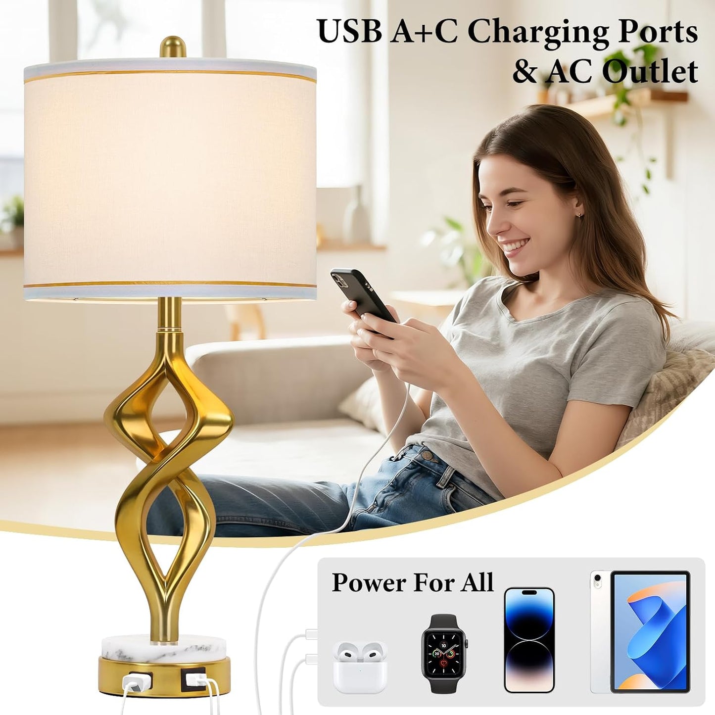2 Lámparas Mesa Modernas Doradas Base Mármol Blanco USB AC