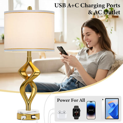 2 Lámparas Mesa Modernas Doradas Base Mármol Blanco USB AC
