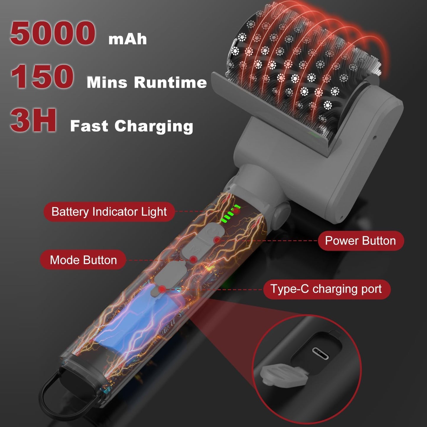 Cepillo eléctrico parrilla USB 3 velocidades 150min impermeable
