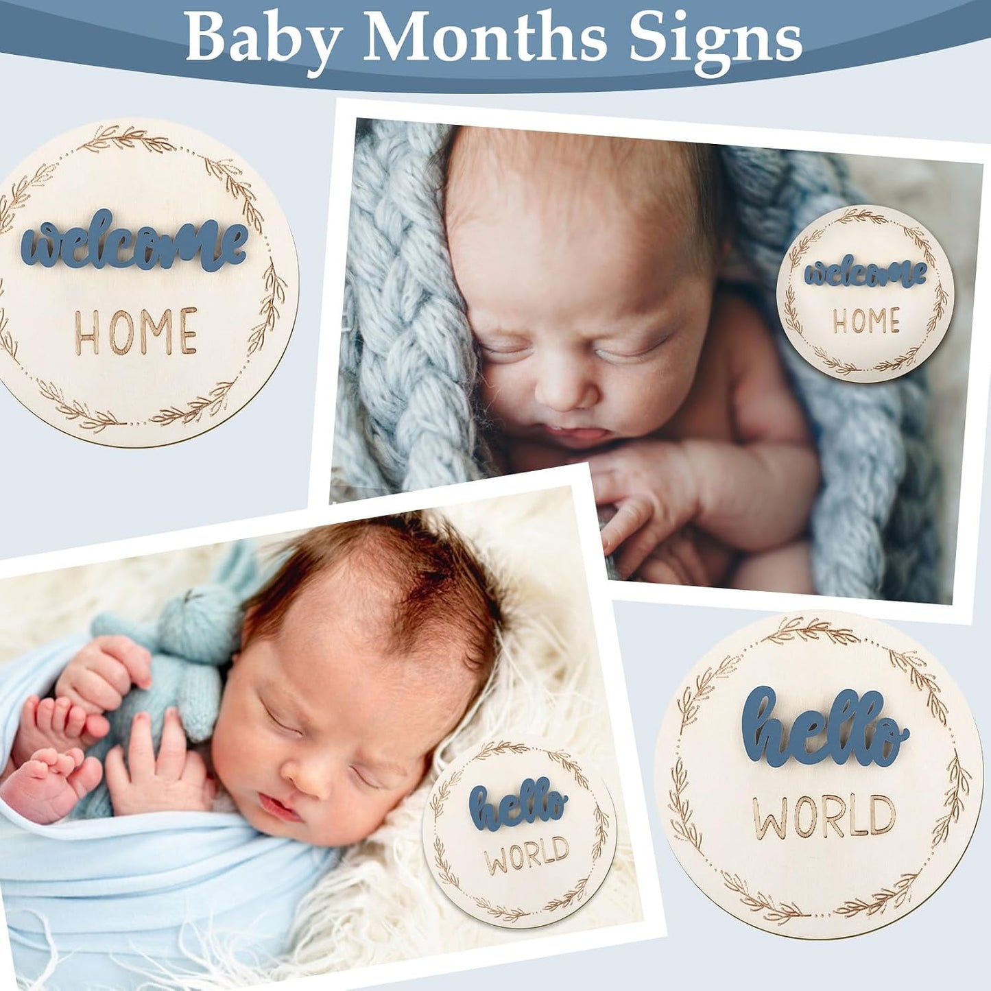 Tarjetas hitos mensuales bebé madera 3D azul doble cara 1-12 meses