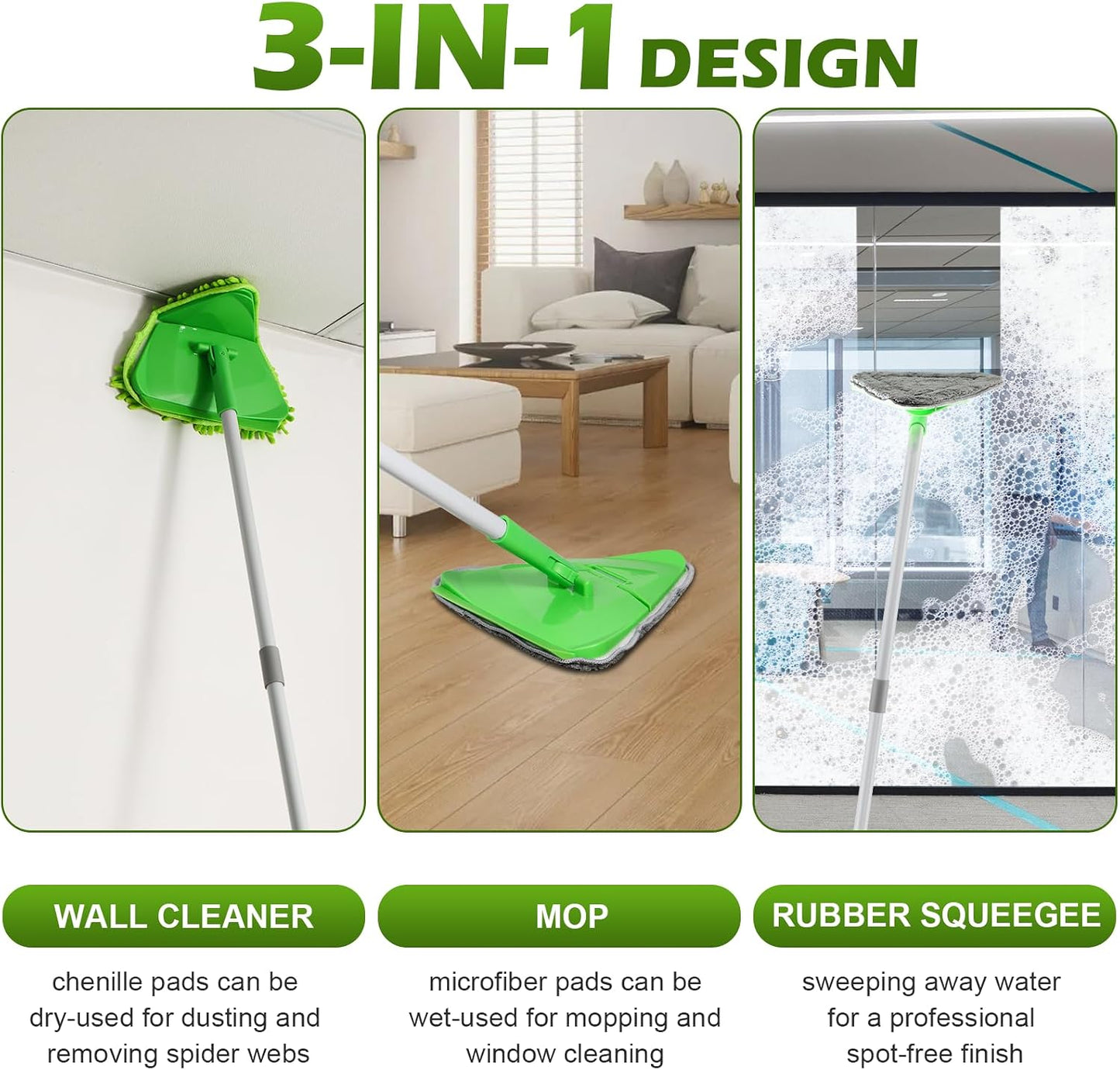 Limpiador pared triangular 82pulg 4 almohadillas microfibra verde