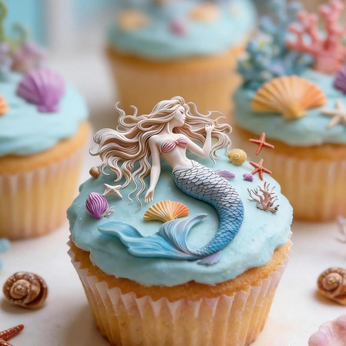 Molde de silicona de sirena con estrella de mar 3D y decoración de pasteles