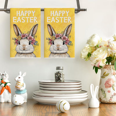 Toallas de cocina Artoid Mode con diseño de conejo amarillo y corona de flores de Pascua