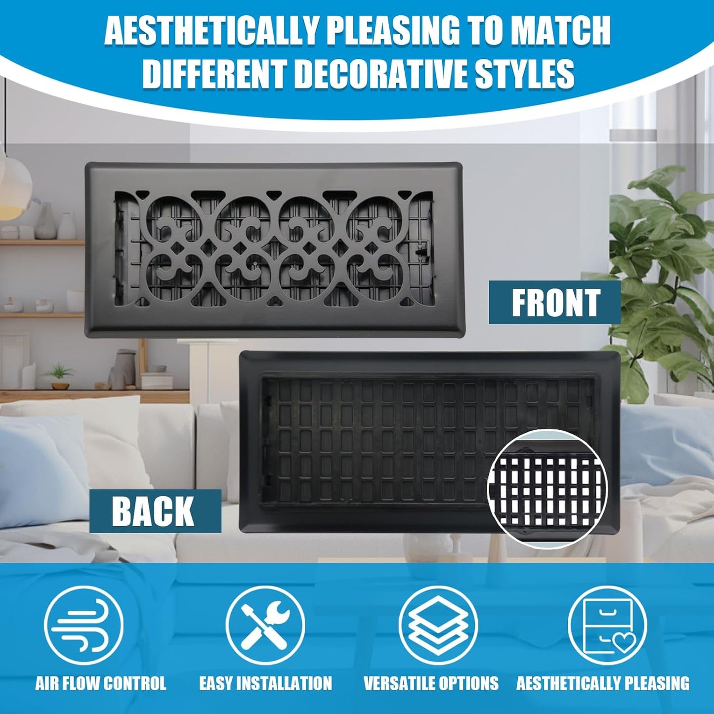 Rejilla ventilación piso 4x10pulg acero negro hogar