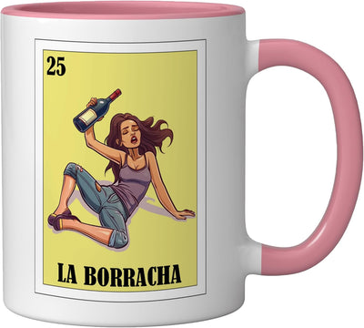 Taza de cerámica La Borracha con diseño mexicano rosa/blanco
