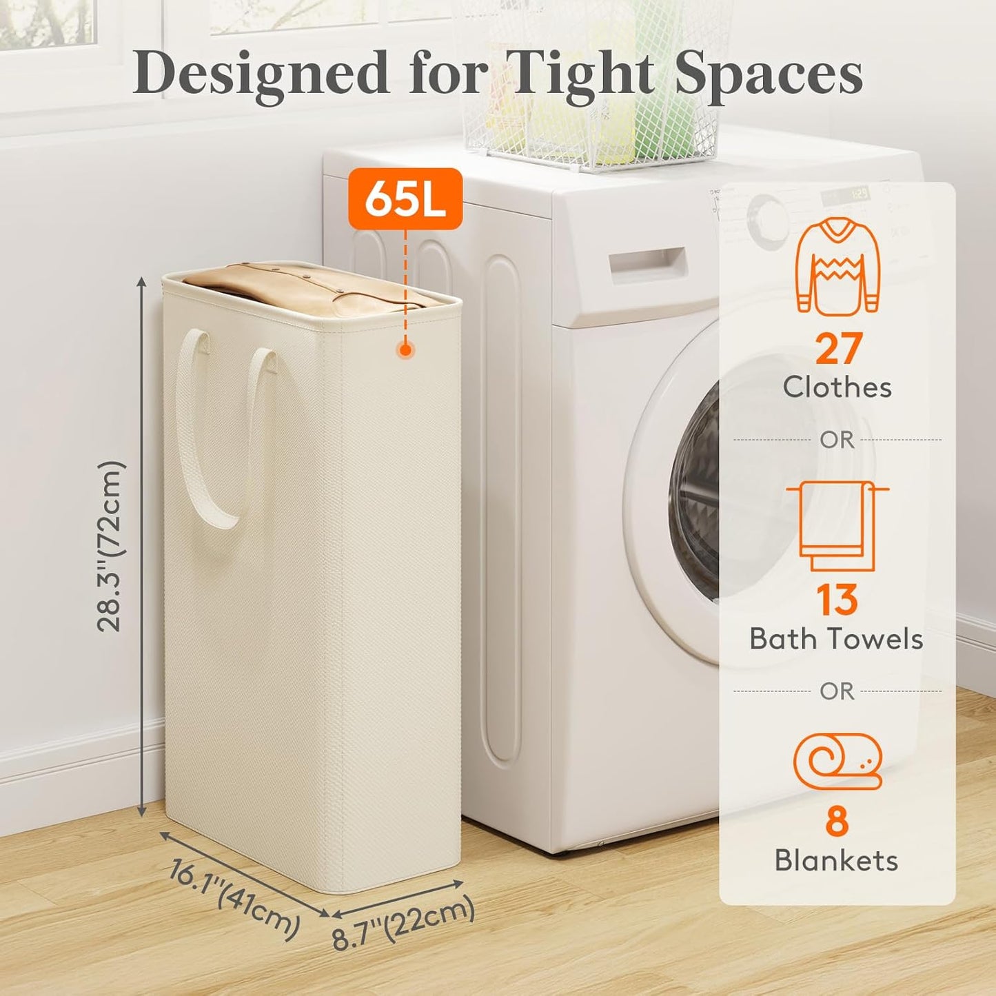 Cesta lavandería delgada 65L con asa plegable blanco