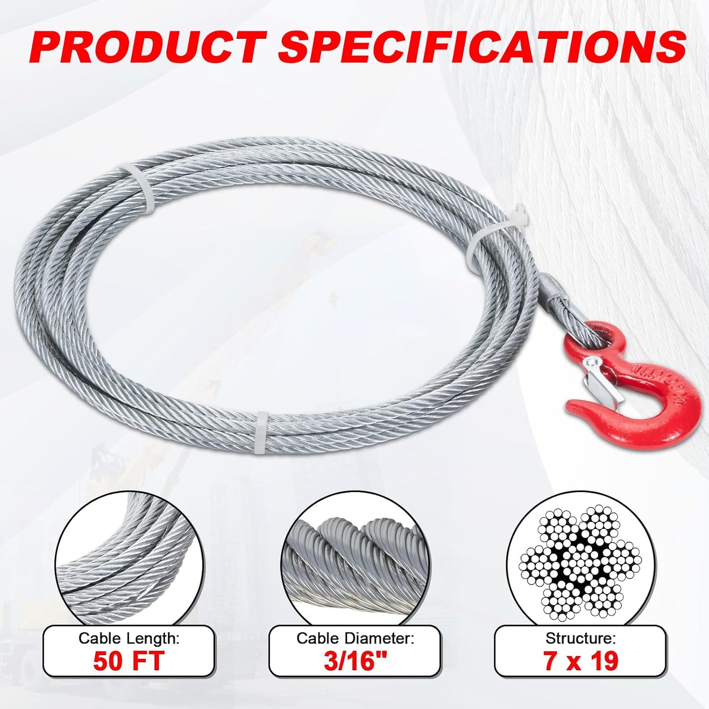 Cable cabrestante 3/16pulg x50ft resistente