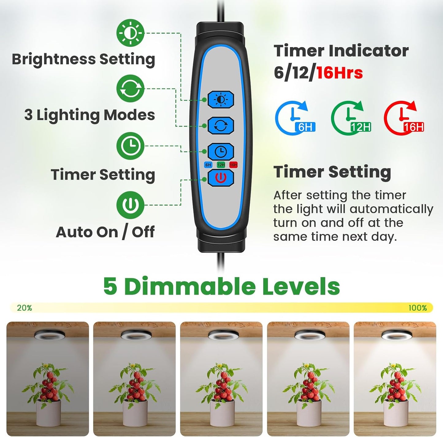 Lámpara cultivo interior LED 6.3pulg 84 luces 5V/3A 3 modos