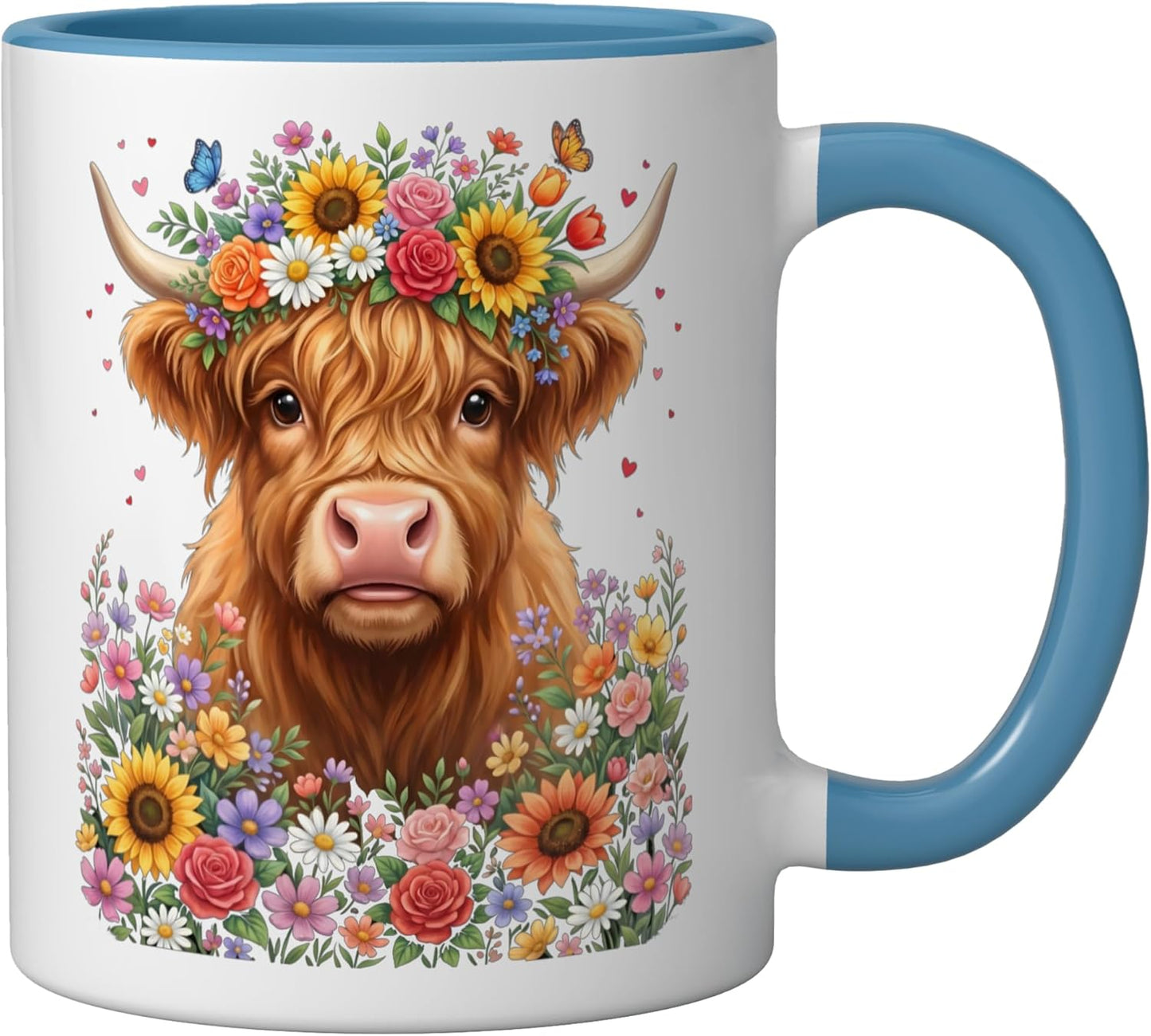 Taza Cerámica Vacas Escocesas Flores Azul Blanco