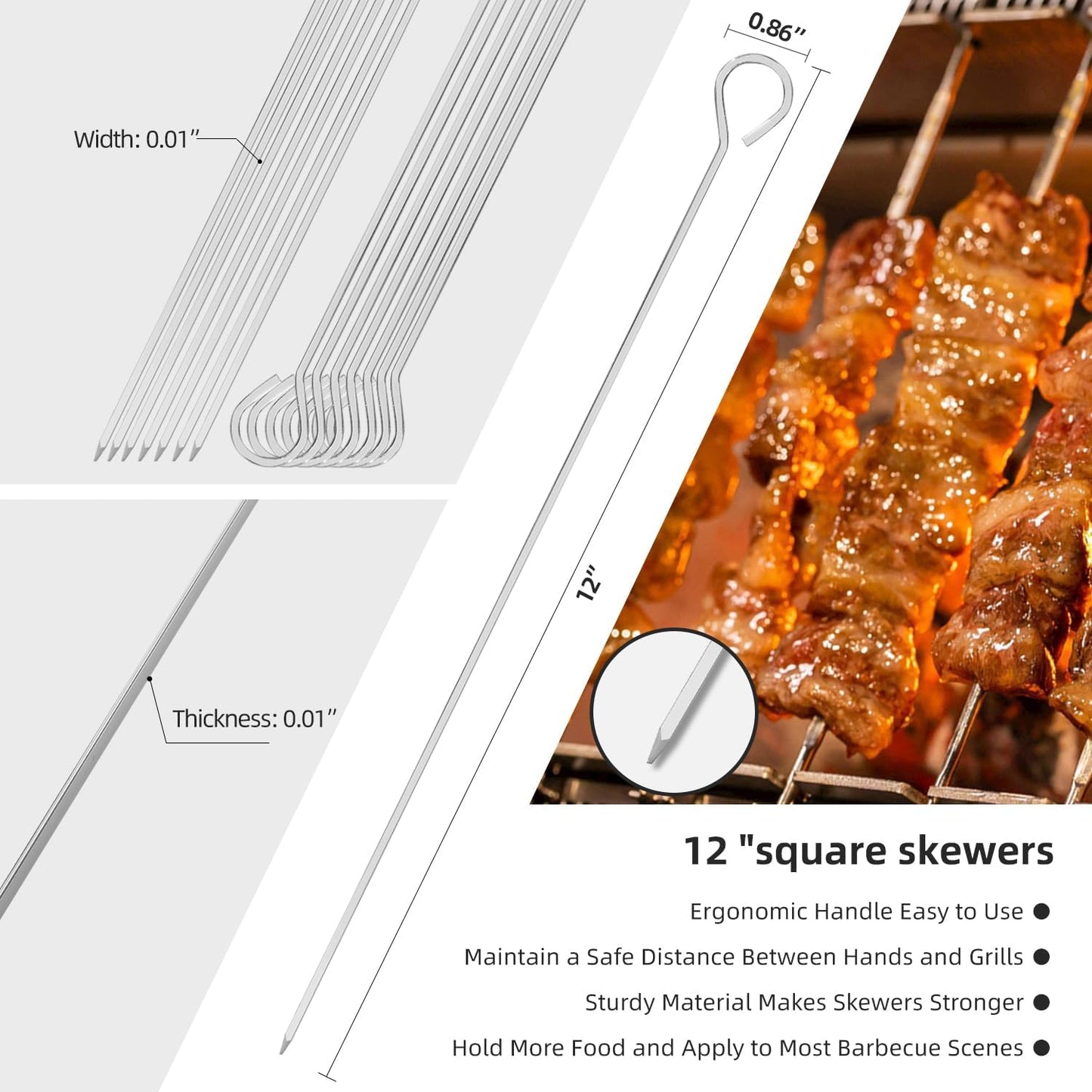 12 Pzas Brochetas Acero Inox 12pulg Reutilizables