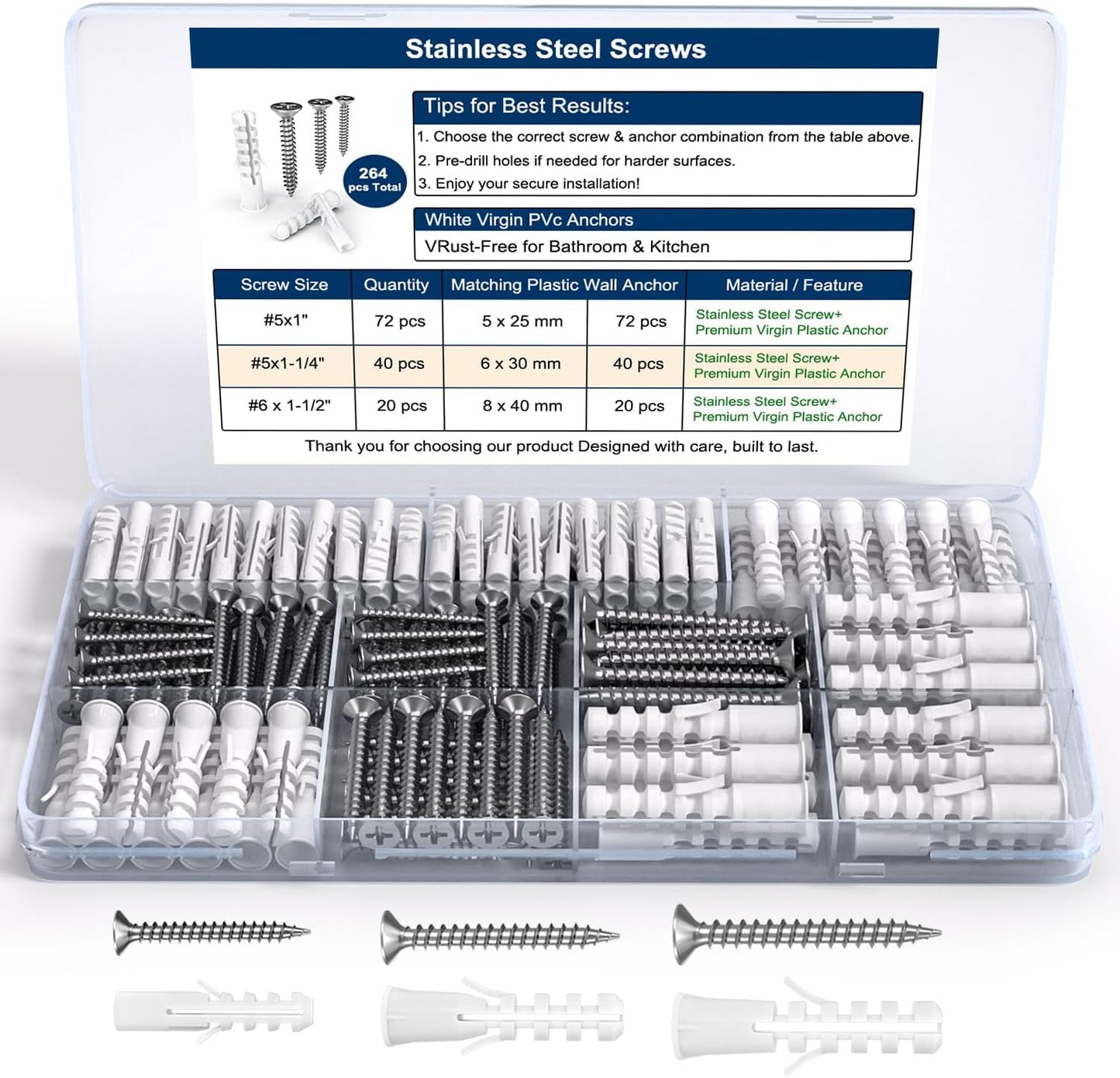 Kit anclajes acero inox y PVC para yeso 264 pzas