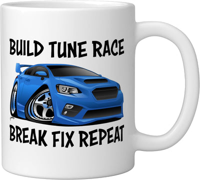 Taza cerámica con dibujo de coche humorístico Build Tune Race Break Fix Repeat