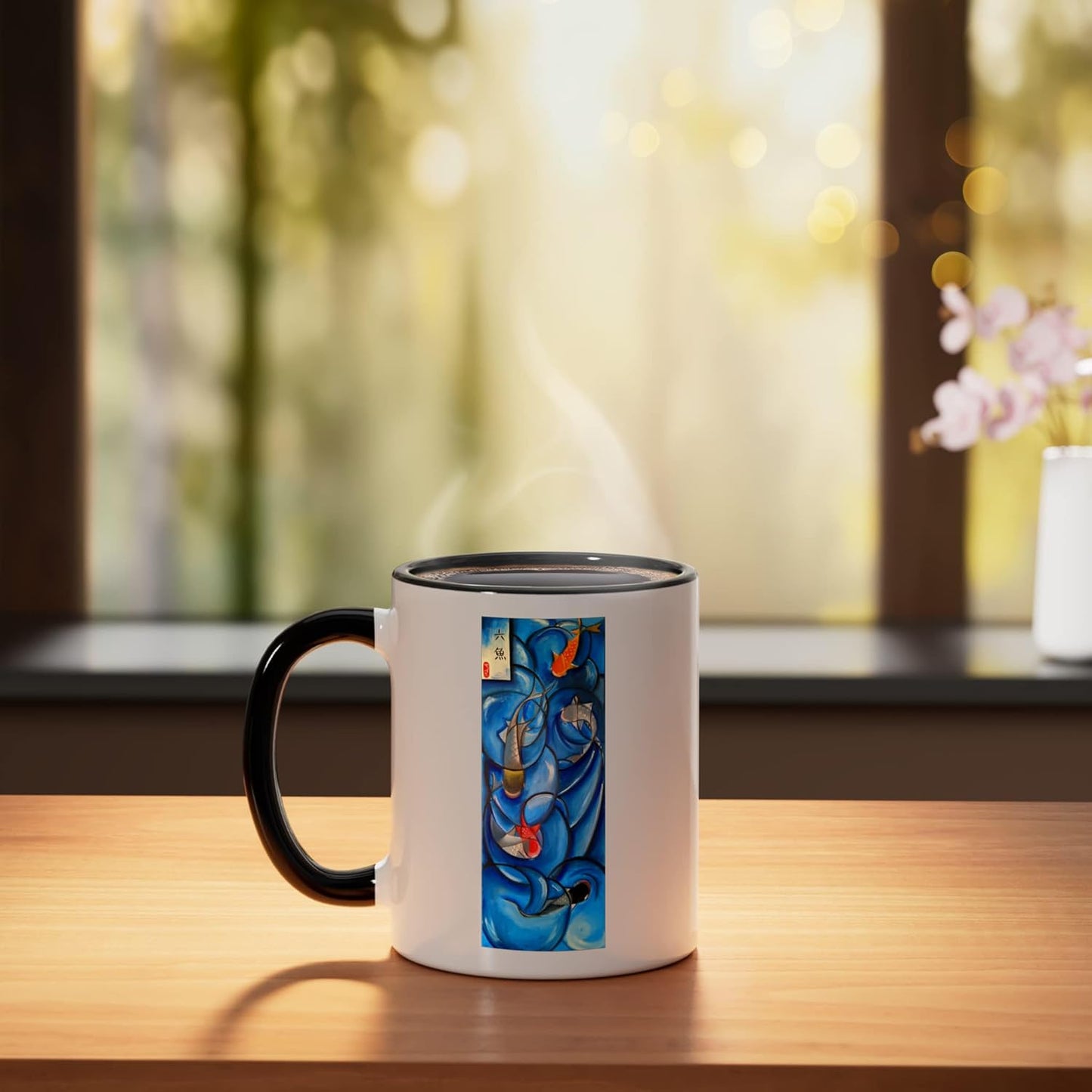 Taza cerámica original diseño abstracto estilo naturaleza Koi Fish negro/blanco
