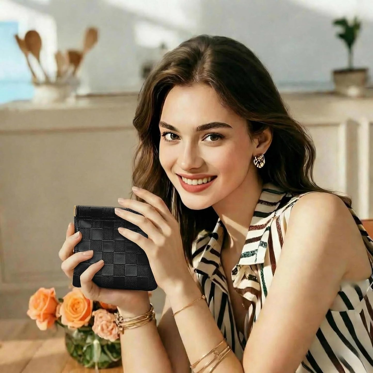 2 bolsas maquillaje cuero a cuadros para bolso