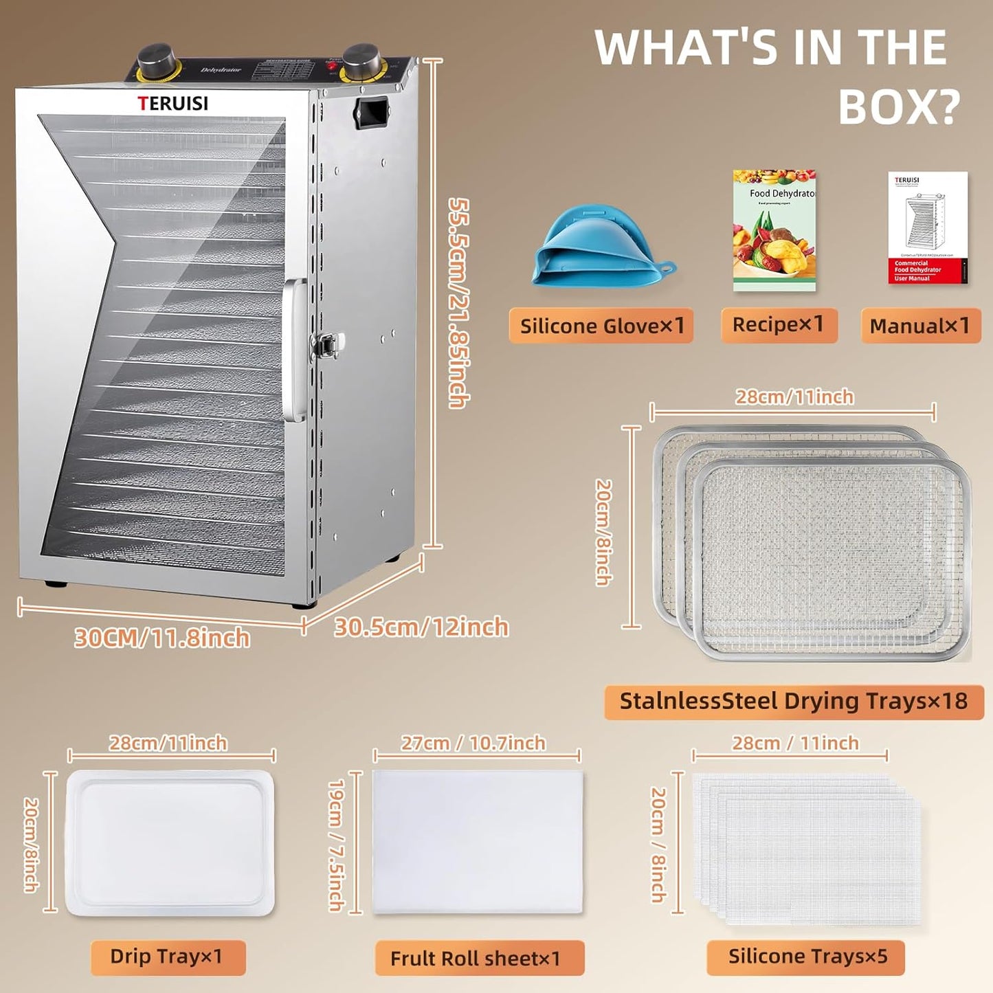Deshidratador alimentos 18 bandejas acero inox con temp 190°F