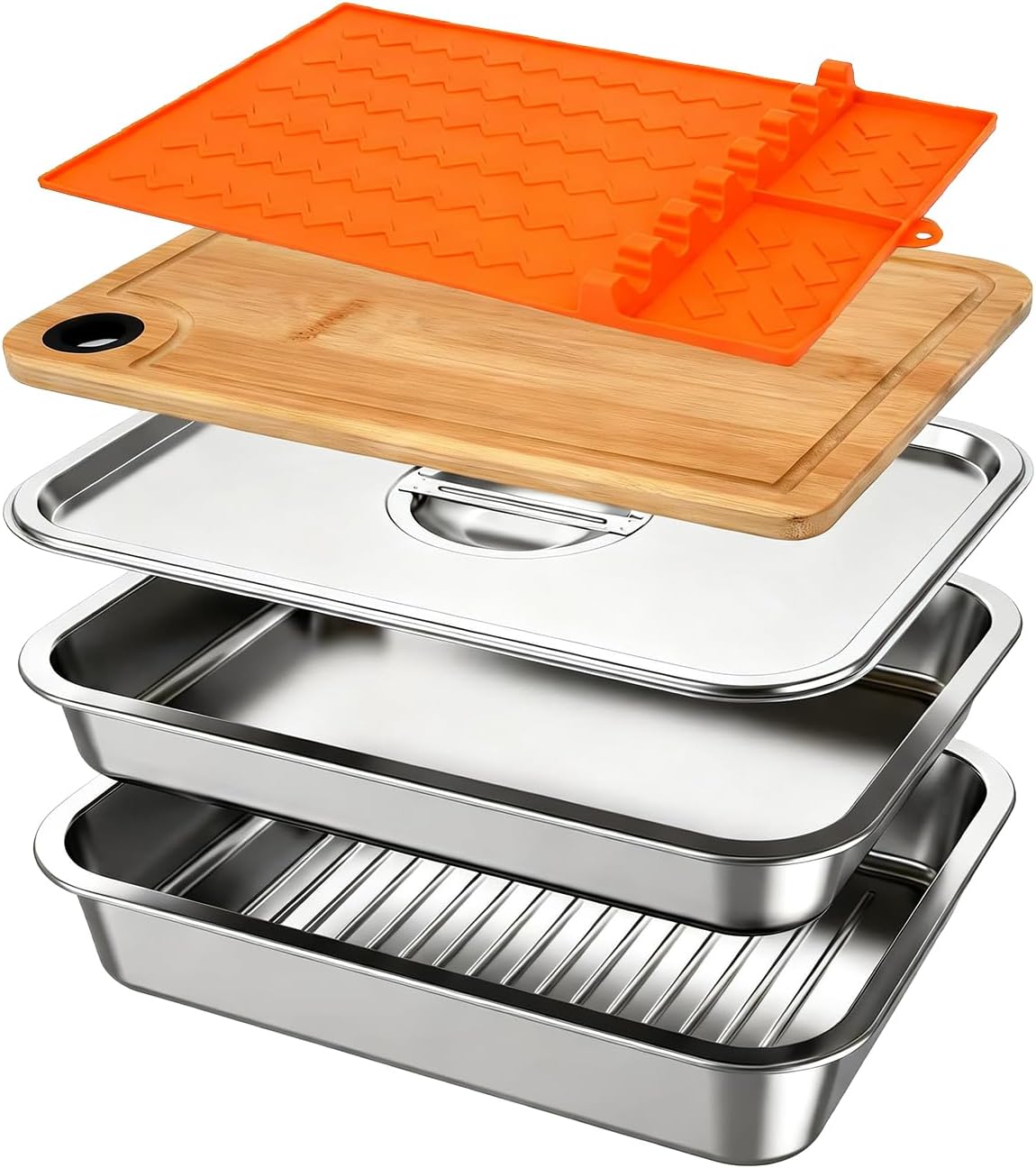 Set 5 bandejas acero inox con tapa y alfombrilla silicona