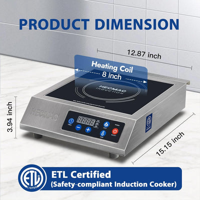 Placa inducción comercial 1800W acero inox 8pulg control temp