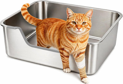 Caja arena acero inox baja entrada para gatos artritis