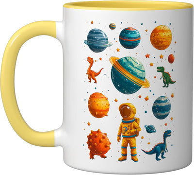 Taza cerámica de dinosaurio T-Rex espacio planeta amarilla/blanca
