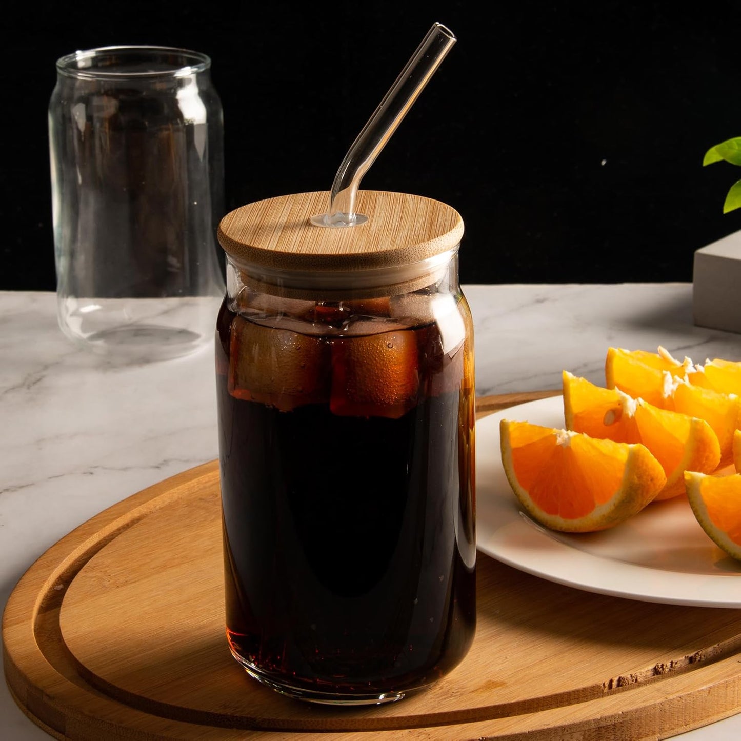 6 Vasos Vidrio con Tapas Bambú y Popote 16oz para Cafetería Hogar