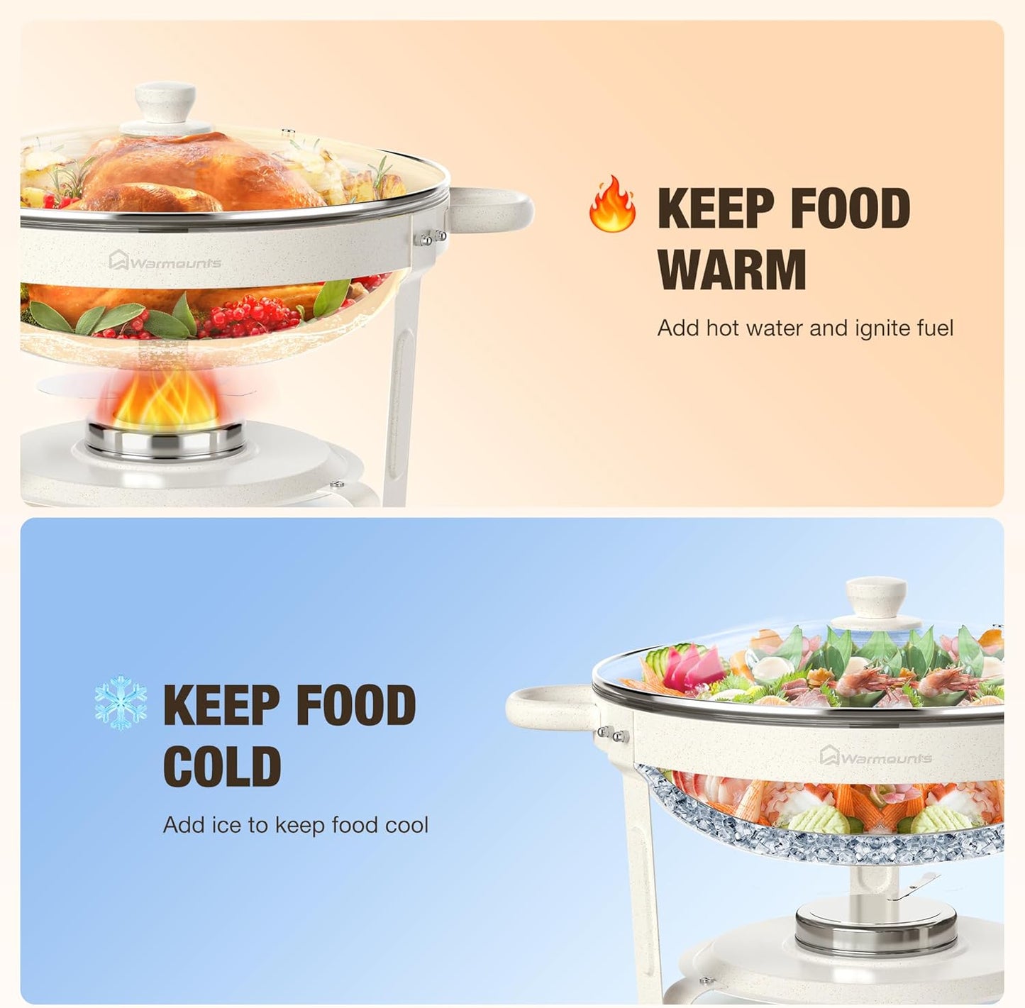 Plato calefactor de acero inoxidable para buffet 5QT, 4 piezas con tapa de vidrio