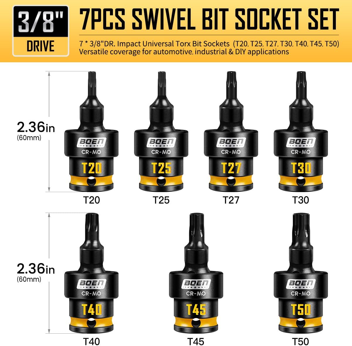 Juego llaves vaso Torx 3/8 pulg T20-T50 rotación 360°