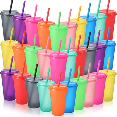 Paquete de 30 vasos reutilizables con tapas y pajillas coloridas de 12 oz para bebidas frías