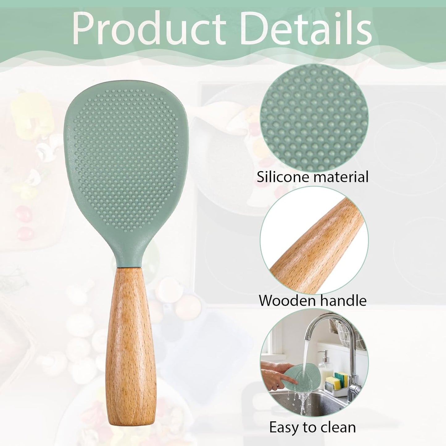 Cuchara silicona mango madera espátula cocinar antiadherente verde