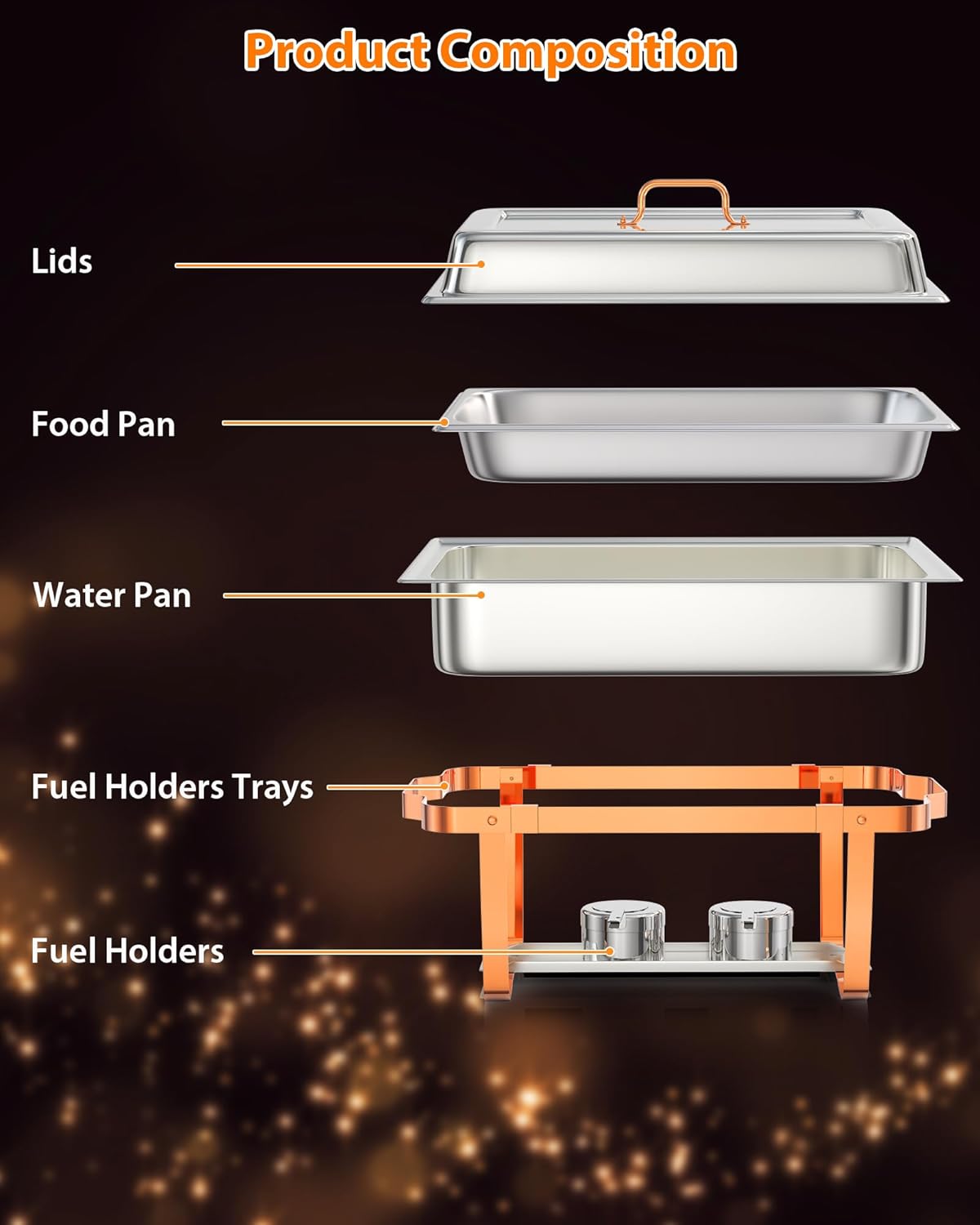 Set 4 Platos Bufé Acero Inox Rectangulares Con Soporte