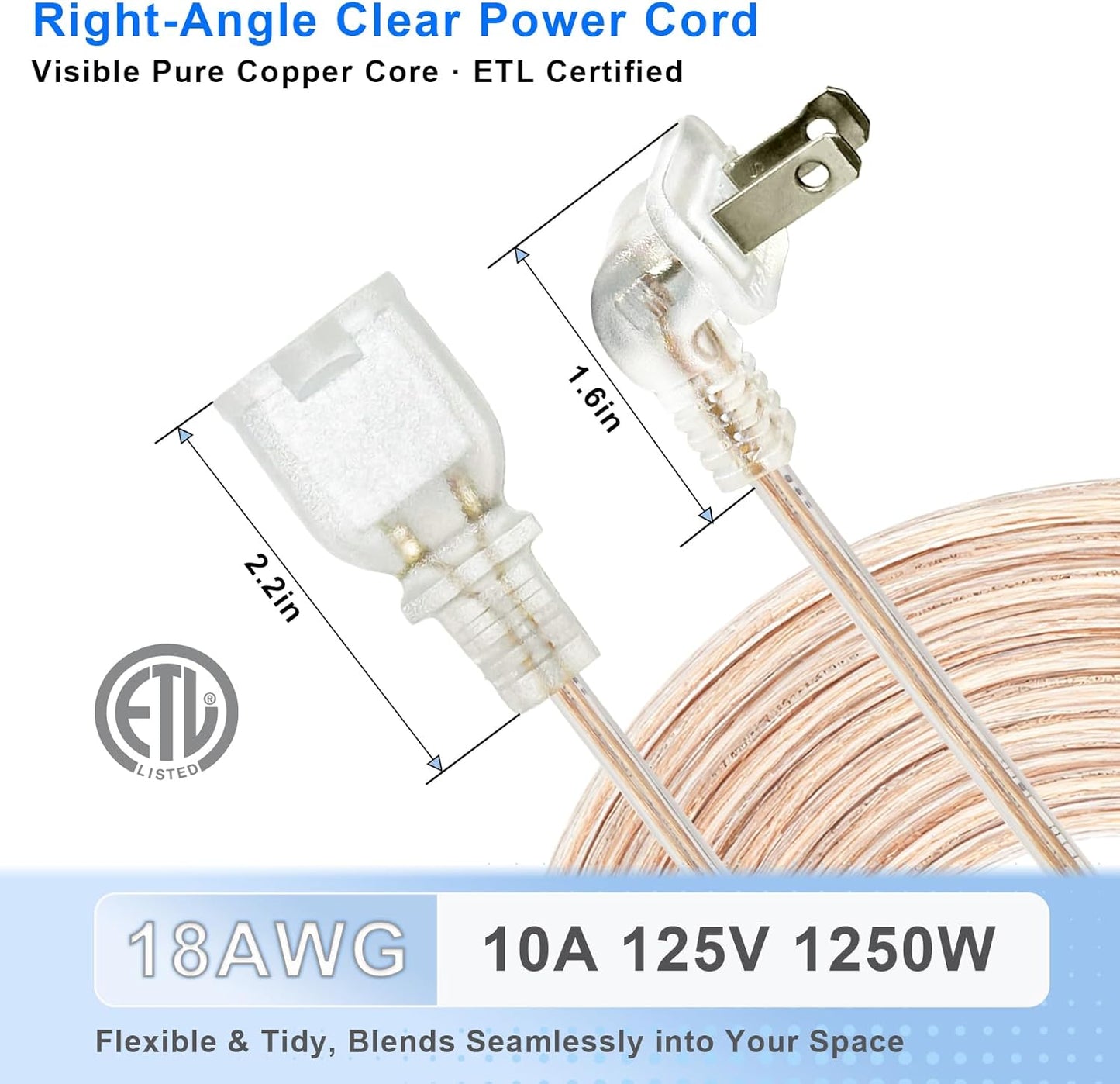 Cable extensión transparente 10ft 2 clavijas enchufe plano