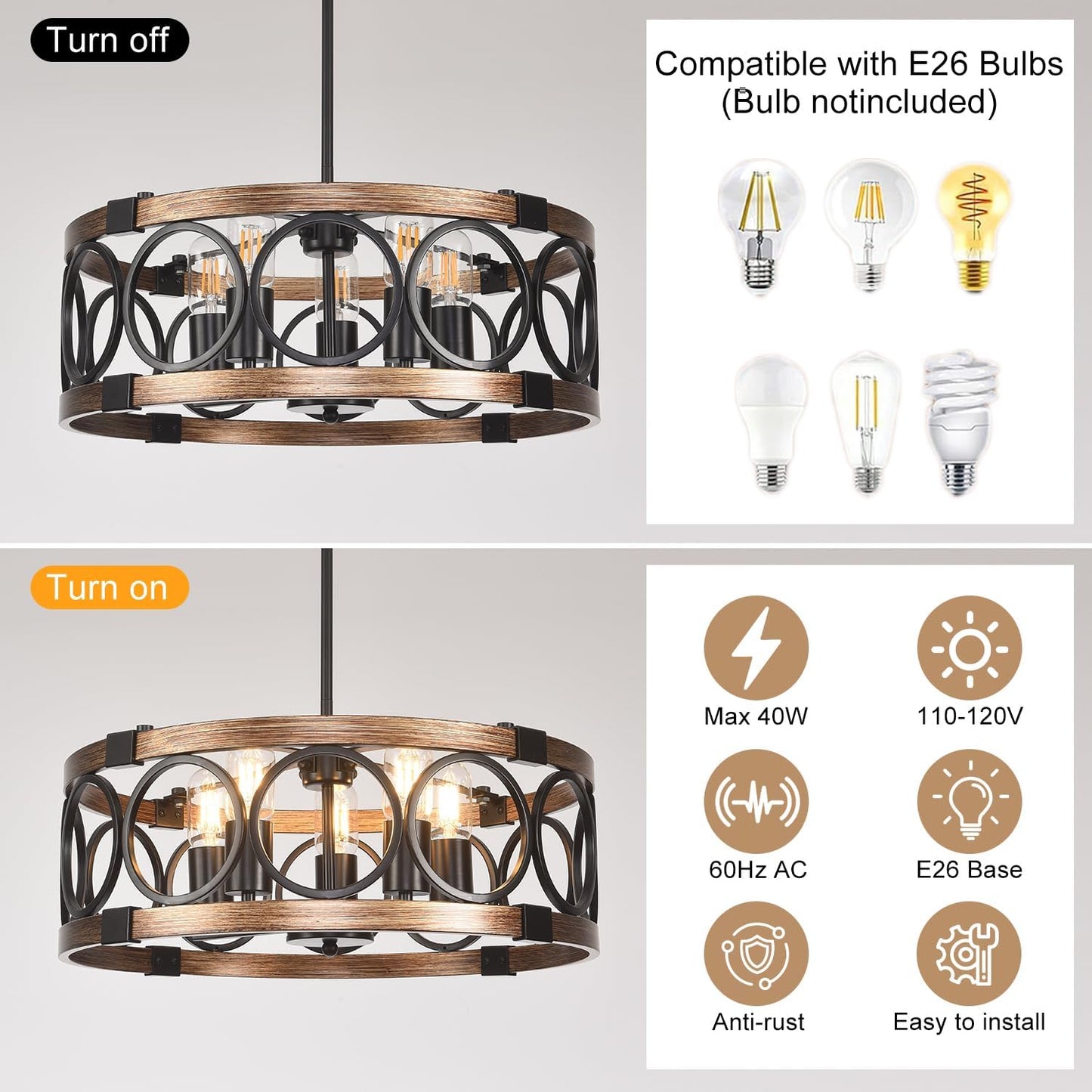 5 Lámparas techo 19.71pulg ajustables comedor tambor negro