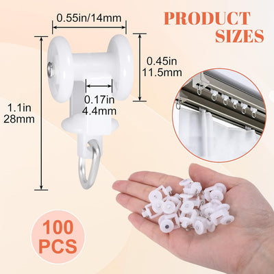 100 Rodillos Cortina Plástico Ganchos Silenciosos Blanco 0.55pulg