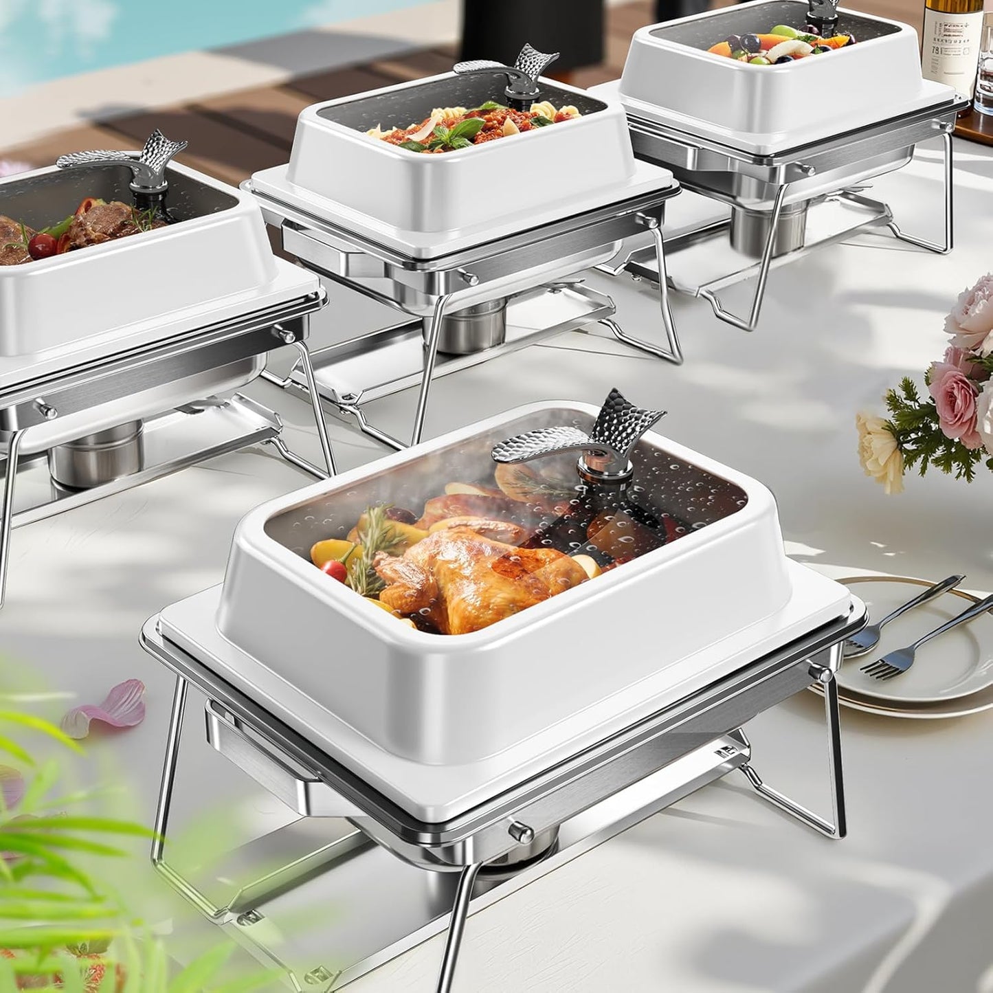 Set 4 Platos Acero Inox 5qt Calentador Buffet Blanco